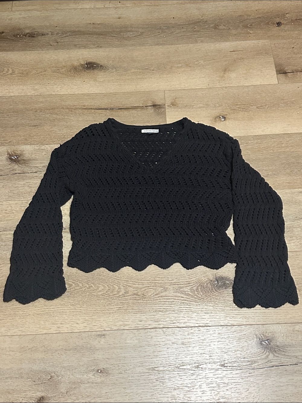 American Eagle Outfitters Black Openwork Crochet V-Neck Sweater